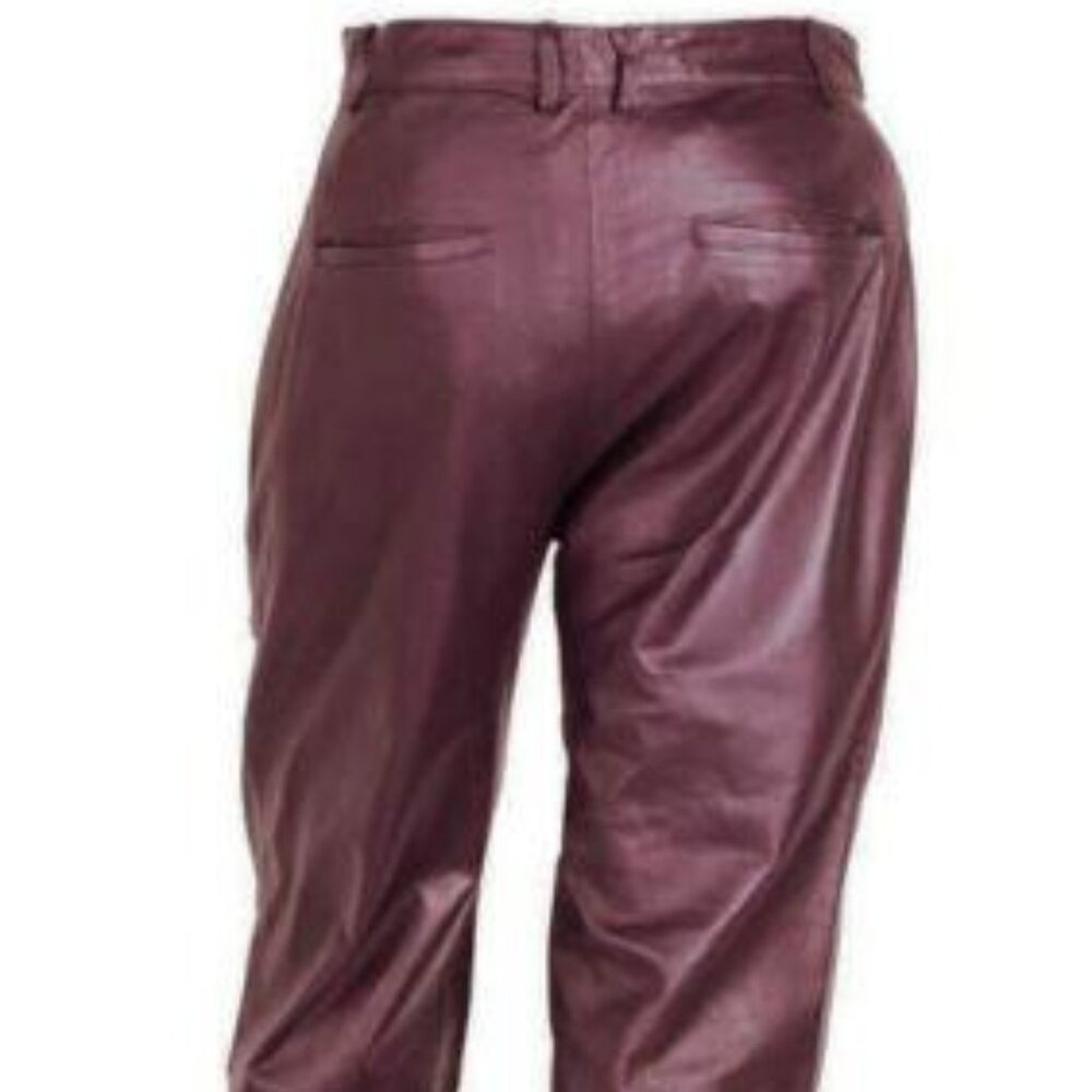 Women’s Burgandy Soft Leather Pleated Dress Pants with Open Hem Plus Size